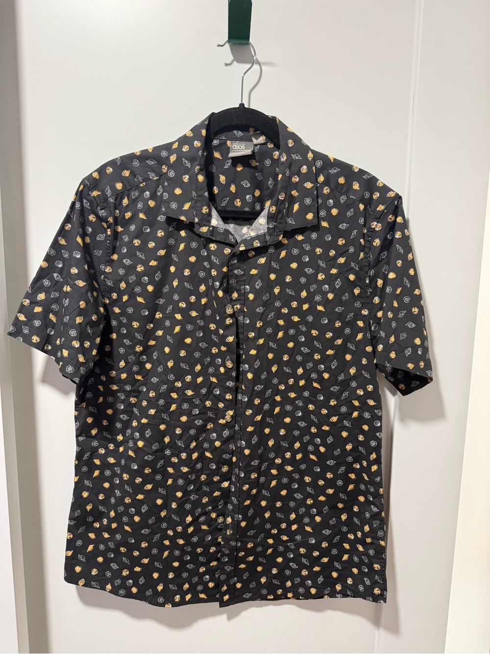 ASOS Black Short-Sleeve Button-Down Shirt with Yellow & Gray Seashell Print